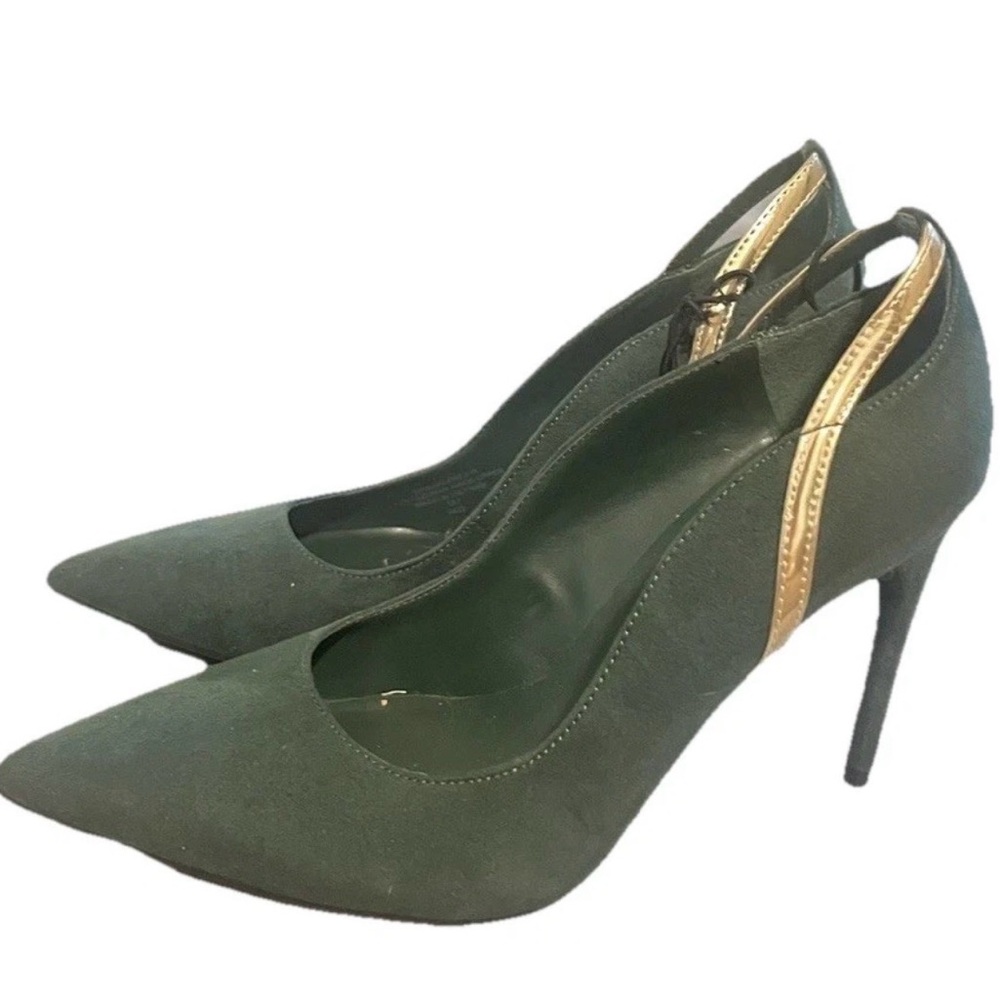 Marc Fisher Forest Green Pointed Toe Stiletto Heels with Gold Trim